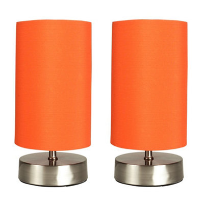 ValueLights Pair Of Satin Touch Dimmer Bedside Table Lamps With Orange Cylinder Light Shades