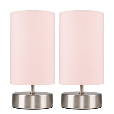 ValueLights Pair Of Satin Touch Dimmer Bedside Table Lamps With Pink Cylinder Light Shades