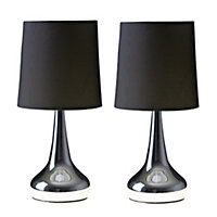 ValueLights Pair Of Silver Chrome Teardrop Touch Bed Side Table Lamps With Black Fabric Shades