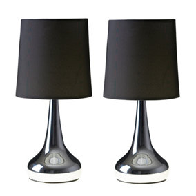 ValueLights Pair Of Silver Chrome Teardrop Touch Bed Side Table Lamps With Black Fabric Shades