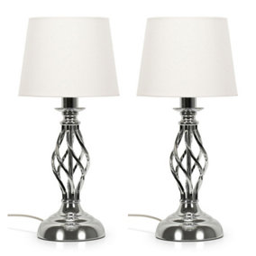 ValueLights Pair of Silver Chrome Twist Table Lamps with a Fabric Lampshade Bedroom Bedside Light - Bulbs Included