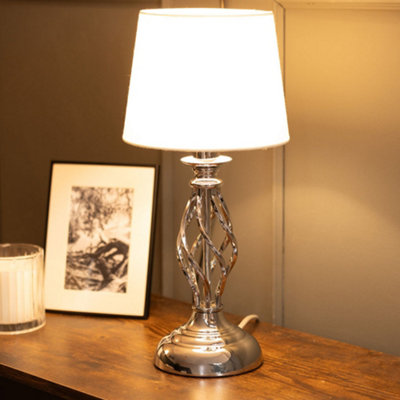 ValueLights Pair of Silver Chrome Twist Table Lamps with a Fabric Lampshade Bedroom Bedside Light - Bulbs Included