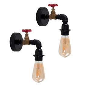 ValueLights Pair of - Steampunk Style Antique Brass/Satin Black Pipework & Red Tap Wall Lights With LED Bulbs In Warm White