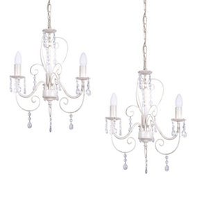 ValueLights Pair Of Three-Way Chandelier Ceiling Lights In Distressed White Cream Finish