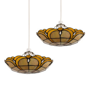 ValueLights Pair Of Tiffany Style Amber Jewelled Glass Uplighter Ceiling Pendant Light Shades