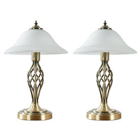 ValueLights Pair Of Traditional Style Antique Brass Barley Twist Table Lamps With Frosted Shades