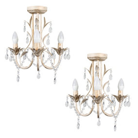 ValueLights Pair Of Traditional Style Distressed Cream Shabby Chic 3 Way Ceiling Light Chandeliers