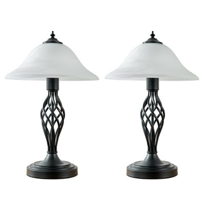 ValueLights Pair Of Traditional Style Satin Black Barley Twist Table Lamps With Frosted Shades