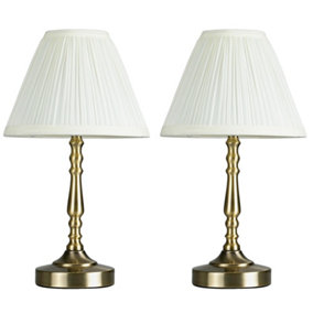 ValueLights Pair of Vintage Antique Brass Touch Table Lamps With Pleated Cream Shade Complete with 5w LED Bulbs 3000K Warm White