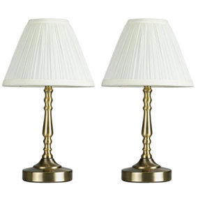 ValueLights Pair Of Vintage Antique Brass Touch Table Lamps With Pleated Cream Shades