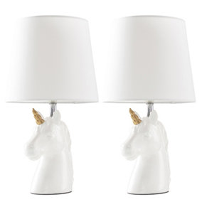 ValueLights Pair of White and Gold Ceramic Unicorn Table Lamps With White Light Shade LED Golfball Bulbs 3000K Warm White
