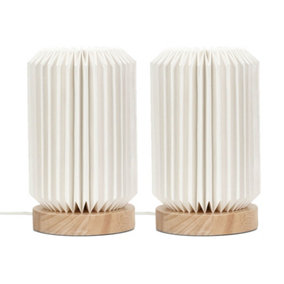 ValueLights Pair of Wooden Base Bedside Table Lamps with White Paper Fold Lampshade Bedroom Light - Bulbs Included