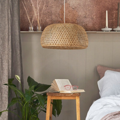 ValueLights Perugia Modern Natural Bamboo Lattice Domed Ceiling Pendant/Floor Lamp Light Shade - LED Filament Bulbs In Warm White