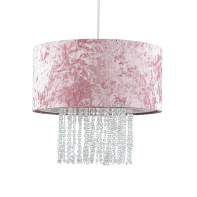 ValueLights Pink Velvet Cylinder Ceiling Pendant Light Shade With Clear Acrylic Droplets