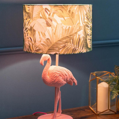 ValueLights Pink Velvet Flamingo Bedside Table Lamp with Tropical Palm Leaf Drum Lampshade Animal Light - Bulb Included