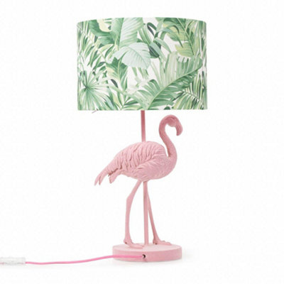 ValueLights Pink Velvet Flamingo Bedside Table Lamp with Tropical Palm Leaf Drum Lampshade Animal Light