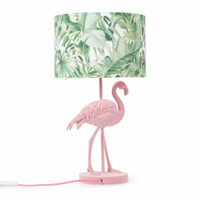 ValueLights Pink Velvet Flamingo Bedside Table Lamp with Tropical Palm Leaf Drum Lampshade Animal Light