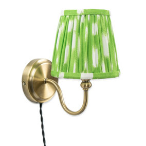 ValueLights Plug in Antique Brass Easy Fit Wall Light with Green Pleated Fabric Tapered Lampshade - Bulb Included