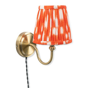 ValueLights Plug in Antique Brass Easy Fit Wall Light with Orange Pleated Fabric Tapered Lampshade - Bulb Included