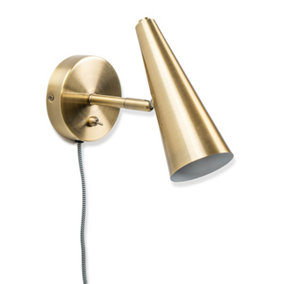 ValueLights Plug in Brushed Antique Brass Cone Easy Fit Wall Light with Adjustable Head