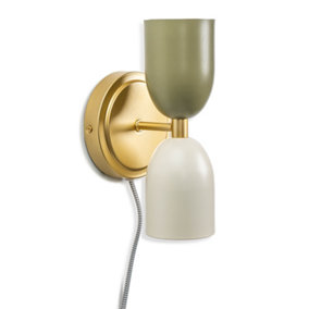 ValueLights Plug in Gold Up & Down Easy Fit Wall Light with Khaki / Cream Shades - Bulbs Included