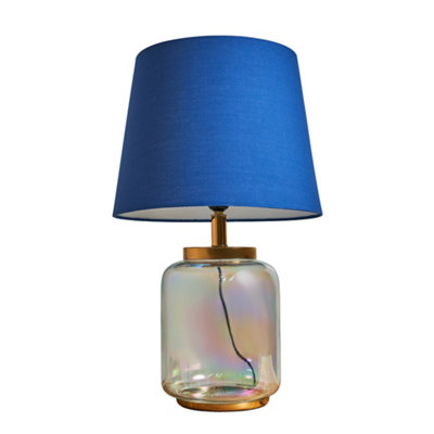 ValueLights Polished Brass And Iridescent Clear Glass Jar Table Lamp With Navy Blue Shade