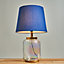 ValueLights Polished Brass And Iridescent Clear Glass Jar Table Lamp With Navy Blue Shade