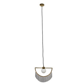 ValueLights Polished Brass Semi Circle And Grey Tassel Ceiling Pendant Light With Frosted Shade