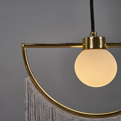 ValueLights Polished Brass Semi Circle And Grey Tassel Ceiling Pendant Light With Frosted Shade