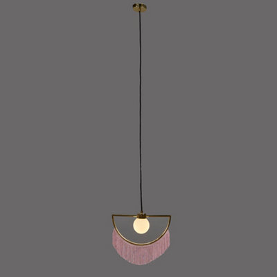 ValueLights Polished Brass Semi Circle And Pink Tassel Ceiling Pendant Light With Frosted Shade