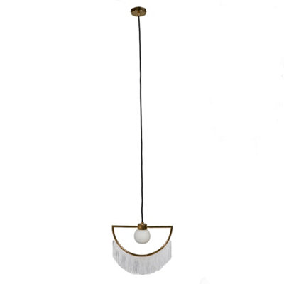 ValueLights Polished Brass Semi Circle And White Tassel Ceiling Pendant Light With Frosted Shade