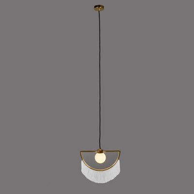 ValueLights Polished Brass Semi Circle And White Tassel Ceiling Pendant Light With Frosted Shade