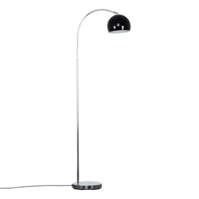 ValueLights Polished Chrome Curved Stem Floor Lamp With Gloss Black Metal Dome Light Shade