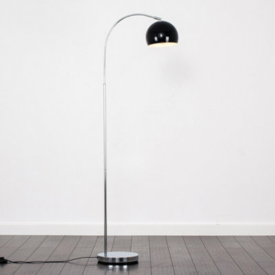 ValueLights Polished Chrome Curved Stem Floor Lamp With Gloss Black Metal Dome Light Shade