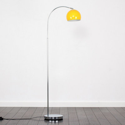 ValueLights Polished Chrome Curved Stem Floor Lamp With Gloss Yellow Metal Dome Light Shade