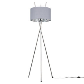ValueLights Polished Chrome Metal Crossover Design Tripod Floor Lamp With Grey And Chrome Shade