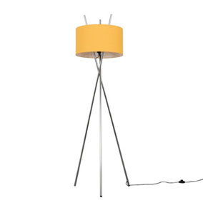 ValueLights Polished Chrome Metal Crossover Design Tripod Floor Lamp With Mustard Shade - Complete With 6w LED Bulb In Warm White