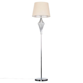 ValueLights Polished Chrome Metal Wire Geometric Diamond Design Floor Lamp With Beige Shade