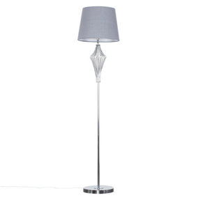 ValueLights Polished Chrome Metal Wire Geometric Diamond Design Floor Lamp With Grey Shade