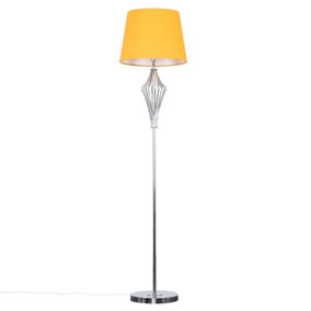 ValueLights Polished Chrome Metal Wire Geometric Diamond Design Floor Lamp With Mustard Shade