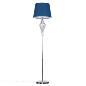 ValueLights Polished Chrome Metal Wire Geometric Diamond Design Floor Lamp With Navy Blue Shade