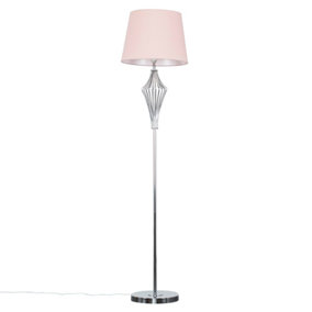 ValueLights Polished Chrome Metal Wire Geometric Diamond Design Floor Lamp With Pink Shade