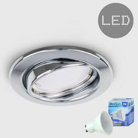 ValueLights Polished Chrome Tiltable Steel Ceiling Recessed Spotlight Downlight - Complete with 1 x 5W GU10 Cool White LED Bulb