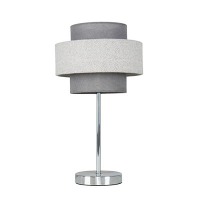 ValueLights Polished Chrome Touch Bedside Table Lamp With Grey Herringbone Shade