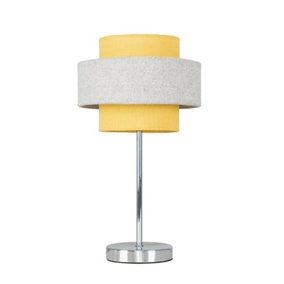 ValueLights Polished Chrome Touch Bedside Table Lamp With Mustard & Grey Herringbone Shade With 5w LED Dimmable Bulb In Warm White