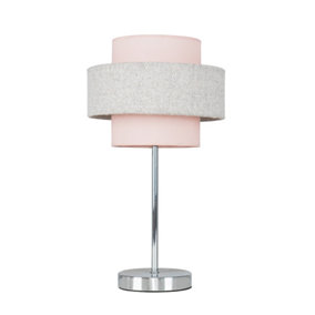 ValueLights Polished Chrome Touch Bedside Table Lamp With Pink & Grey Herringbone Shade With 5w LED Dimmable Bulb In Warm White