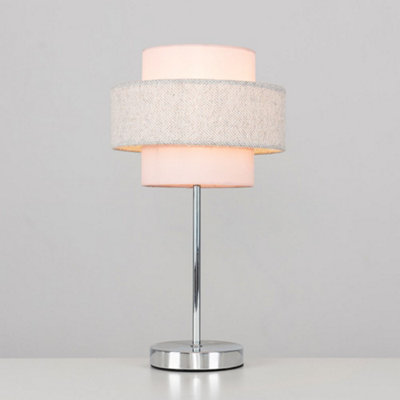 ValueLights Polished Chrome Touch Bedside Table Lamp With Pink & Grey Herringbone Shade With 5w LED Dimmable Bulb In Warm White