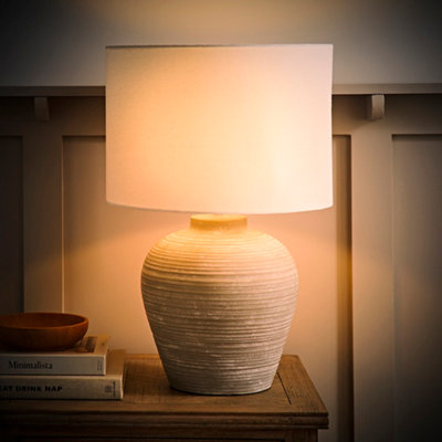 ValueLights Reid Linen Drum Lamp Shade Stone Grey Ribbed Ceramic Large Table Lamp with Bulb