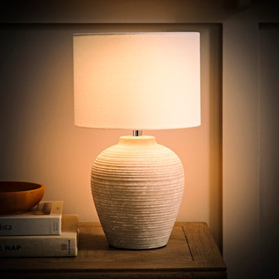 ValueLights Reid Linen Drum Lamp Shade Stone Grey Ribbed Ceramic Small Table Lamp with Bulb