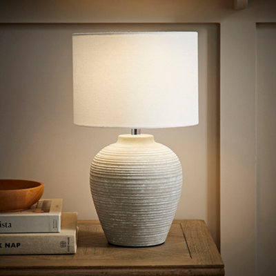 ValueLights Reid Linen Drum Lamp Shade Stone Grey Ribbed Ceramic Small Table Lamp
